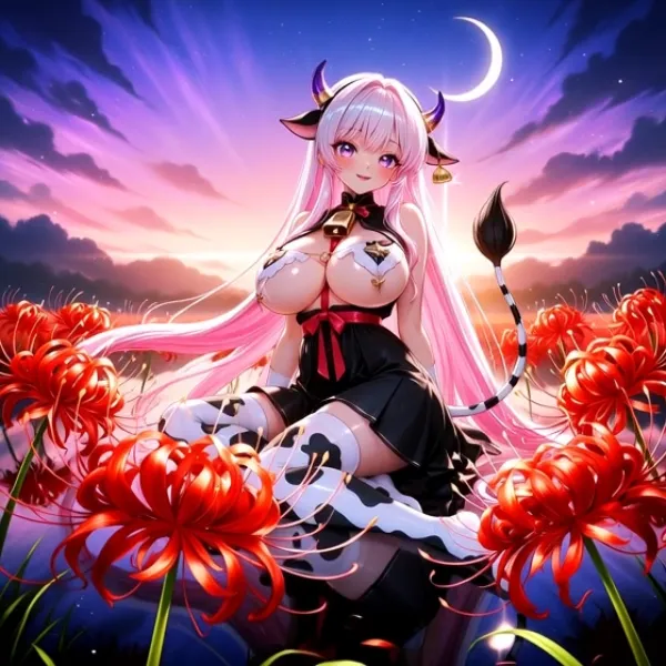 彼岸花と牛柄さん