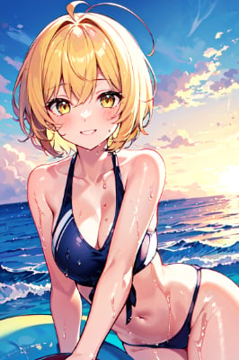 夕焼けの海で