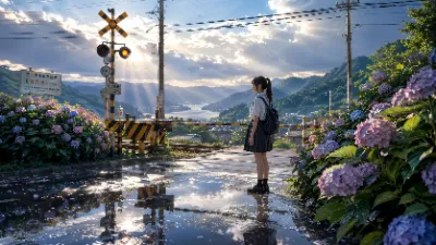 雨上がりの踏切で、少女が見つめる夏