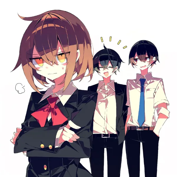 赤いリボンの少女と二人の少年