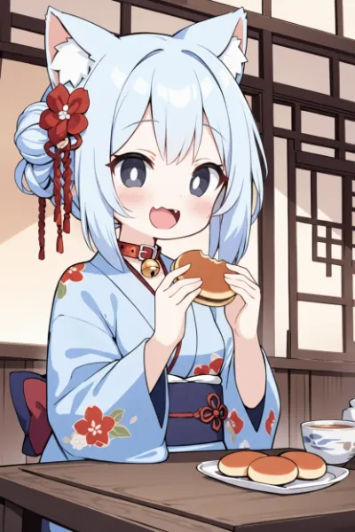 どら焼きと着物姿の少女
