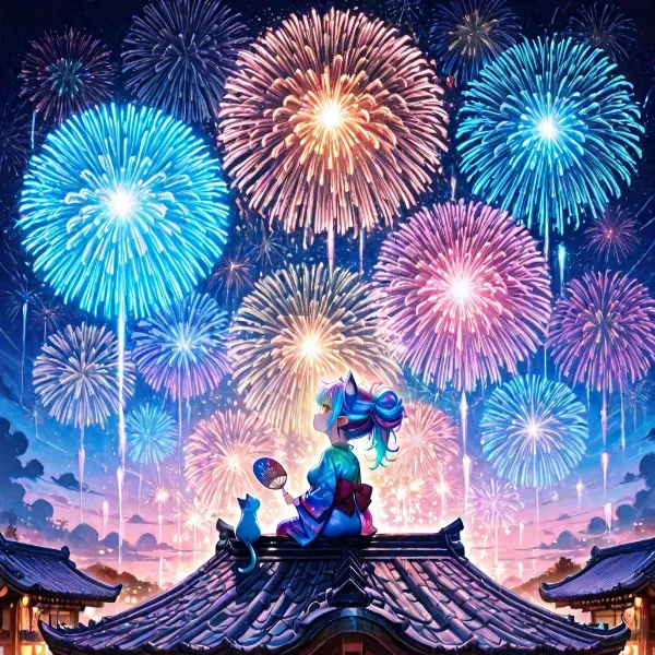 3枚）屋根の上で花火を見上げる