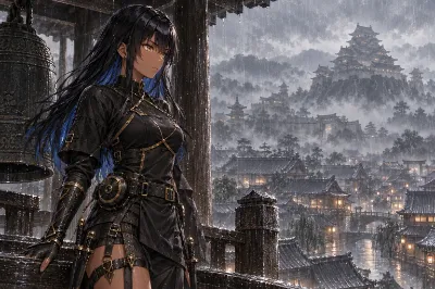 雨の中の城下町