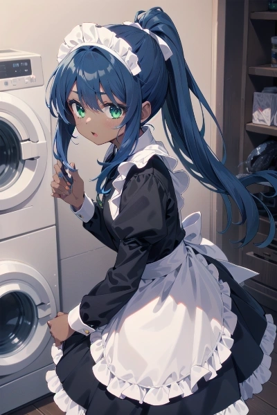 洗濯をする青ポニテメイドちゃん