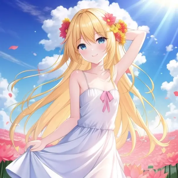 少女、黄色い髪、白い服、笑顔、空、雲、赤い花畑、太陽光線