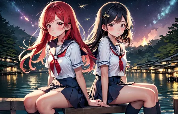 蛍の飛び交う湖畔の女子高生