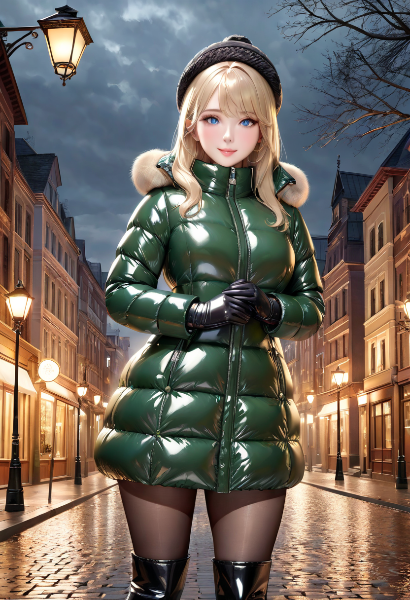 ダウンコートの金髪美女