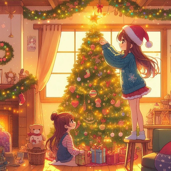 クリスマスツリーに星を飾る女の子