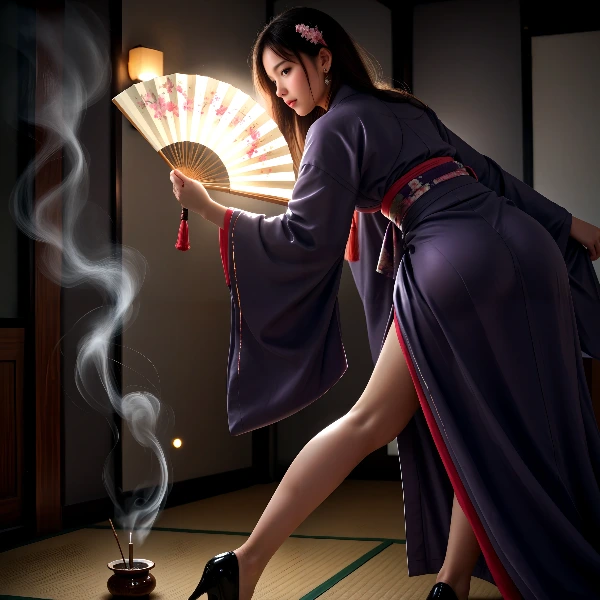 紫煙に舞う着物の美女の誘惑