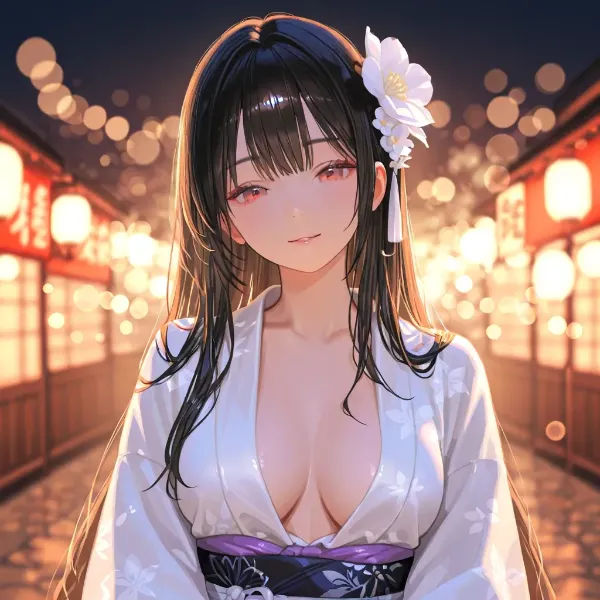 宵の灯りに浮かぶ白い着物