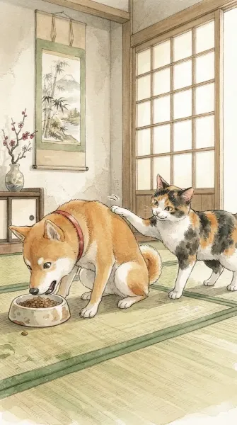 ごはん中の猫タッチ ～柴犬と三毛猫～