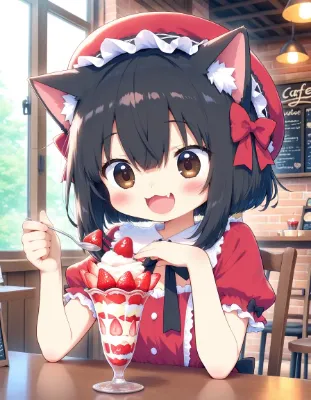 イチゴ🍓パフェたべるニャ♪