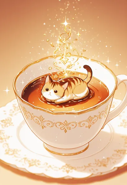 魔法の紅茶に浸かる猫の夢時間