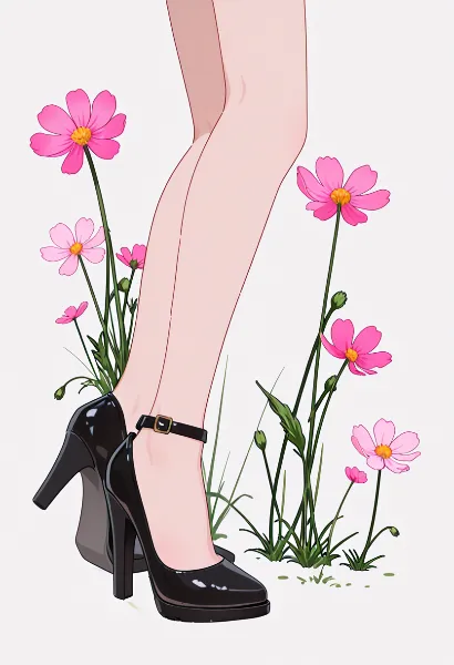 コスモスの花園に佇む黒いハイヒール