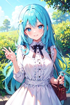お花畑を散歩する可愛い女の子