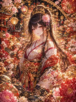 桜と灯火に輝く美姫