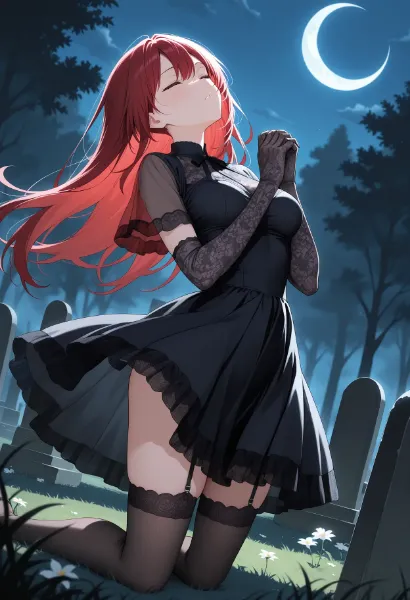 月夜の墓地で祈りを捧げる少女