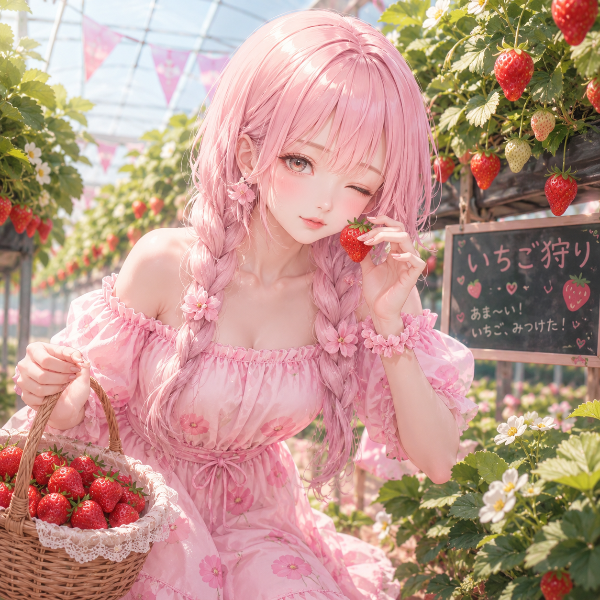 いちご狩りをするピンクちゃん🎀