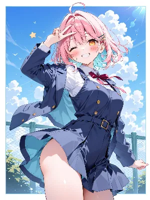 青空に笑顔のピースサイン