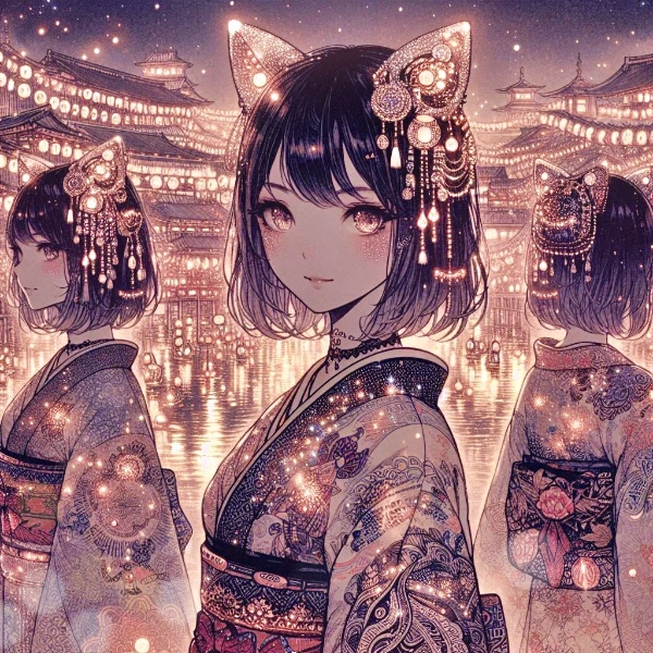 猫耳の着物少女と夜の祭り