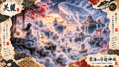 白狐と共に見る、雲海の浮遊神域