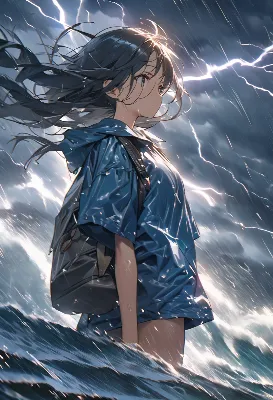 嵐の海を歩む、雨衣の少女