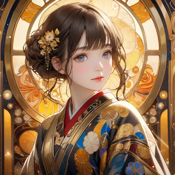 黄金の光に輝く着物少女