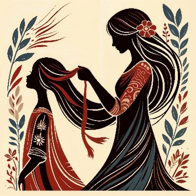 リボンを結ぶ母娘