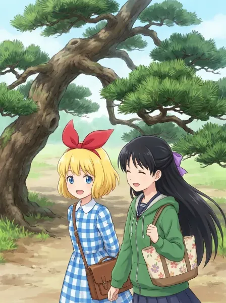 松の木の横をとことこ