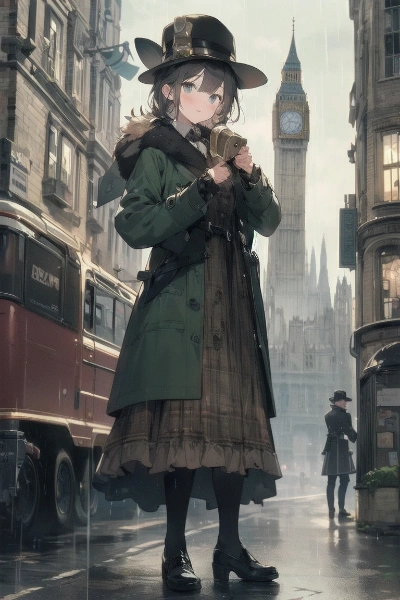 雨のロンドンのスチームパンク娘
