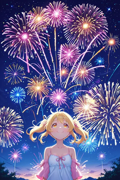 花火に照らされた夏の夜の微笑み