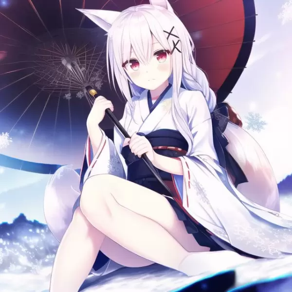 雪と和傘と狐っ娘