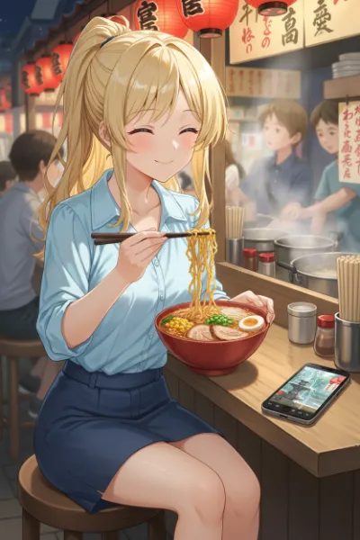 夜市のラーメンで輝く少女の笑顔