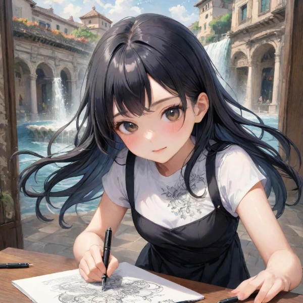 古い街の噴水で描く少女の夢