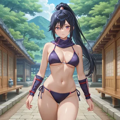 山寺の境内に立つ紫のビキニ