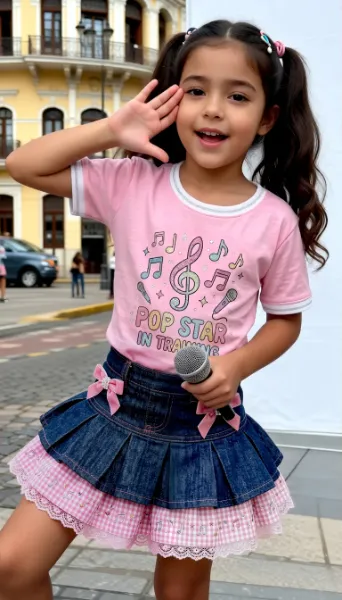 プリントリンガーTシャツとデニムティアードスカートのコーデ