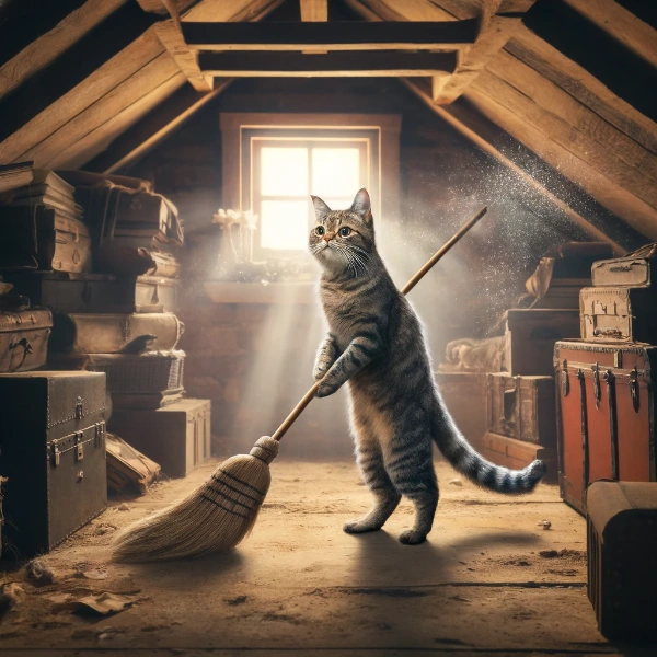 屋根裏部屋を掃除する猫さん