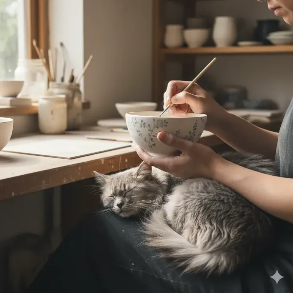 猫と陶芸家の静かな創作時間