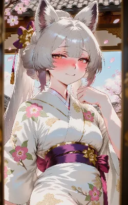 桜舞う寺院の狐娘の微笑み