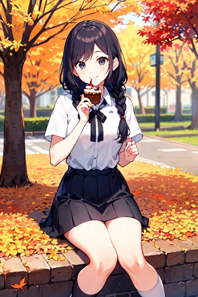 公園でケーキを食べる少女