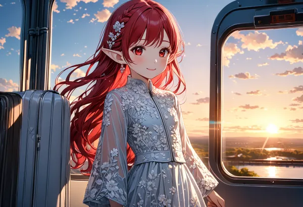 夕陽の列車で旅立つ赤髪のエルフ