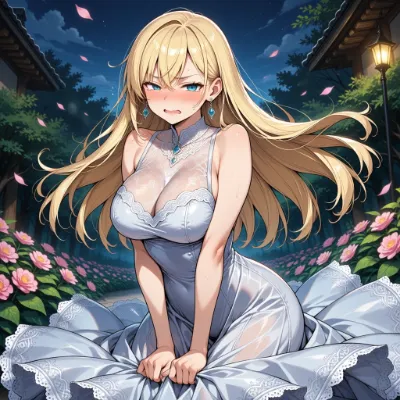 月夜の庭で濡れたドレス