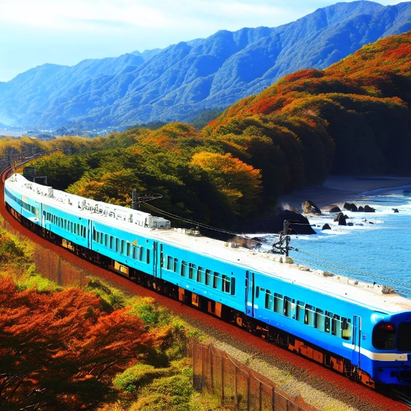 秋の海岸を走るブルーの列車