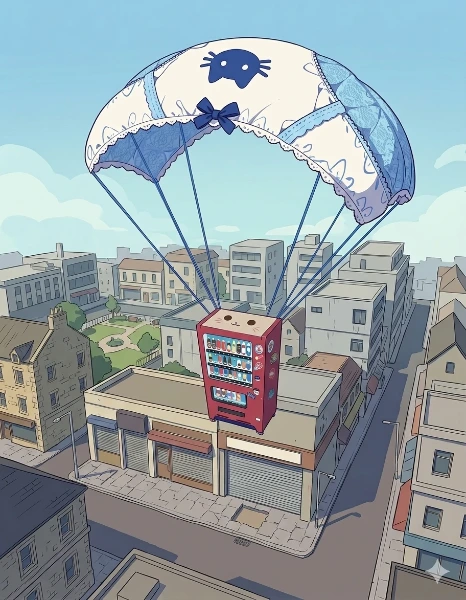 空へ舞い上がるネコ自販機