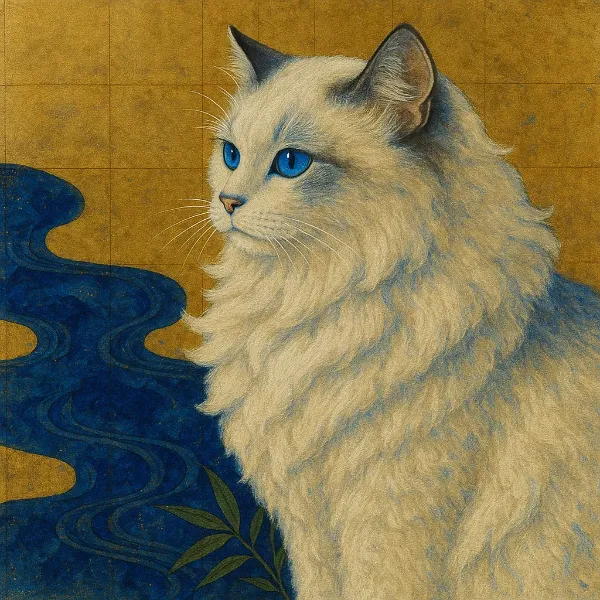 青い瞳の白猫と古の川辺