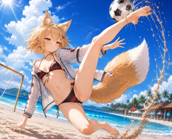 砂浜で舞う狐娘の華麗シュート