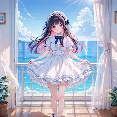 海辺の窓辺で微笑むメイド少女