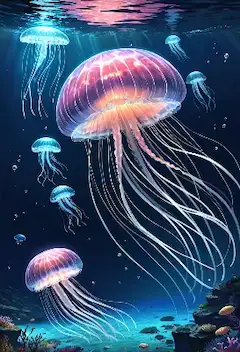 深海に輝く巨大クラゲの幻想世界