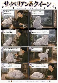 猫漫画コンテンツ6シリーズ  猫漫画6シリーズを投稿しています。  サイベリアンのクィーン 気づいたら、、守られていた  ちびキャラ ベビークイーン カーテンの向こうの大冒険  クイーンと無職のおっさん白き女王の守り ～嵐の夜に寄り添って～