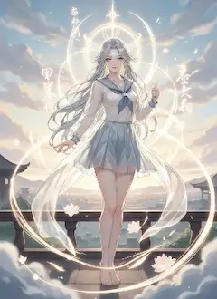 Having successfully synchronized with the energy of the heavens, she smiles shyly and gives a thumbs-up.